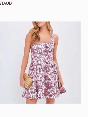 STAUD Bordeaux Toile Fit & Flare Mini Dress Size 6 Pink White Toile Print